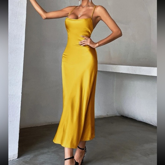 Luxe tie open back satin cami party formal evening wedding dress - Picture 16 of 16